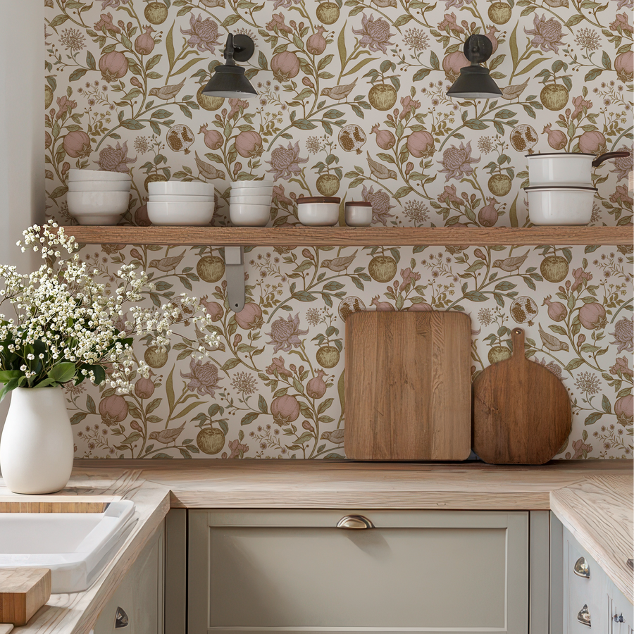 Kitchen interior with floral wallpaper, wooden shelves, and kitchen utensils.